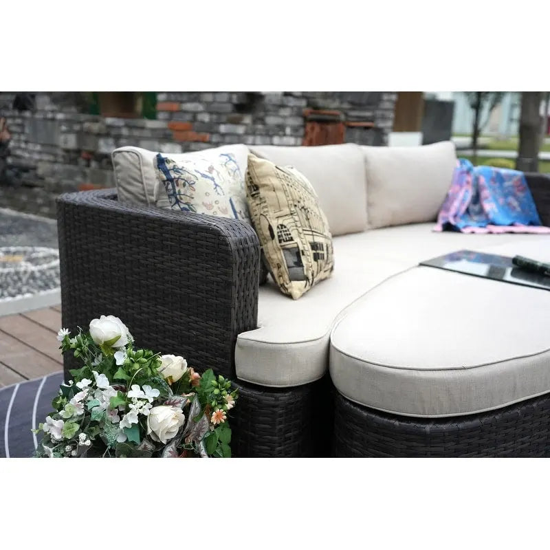 Ensemble de 9 pièces de lit de repos en osier pour patio avec table brasero en béton