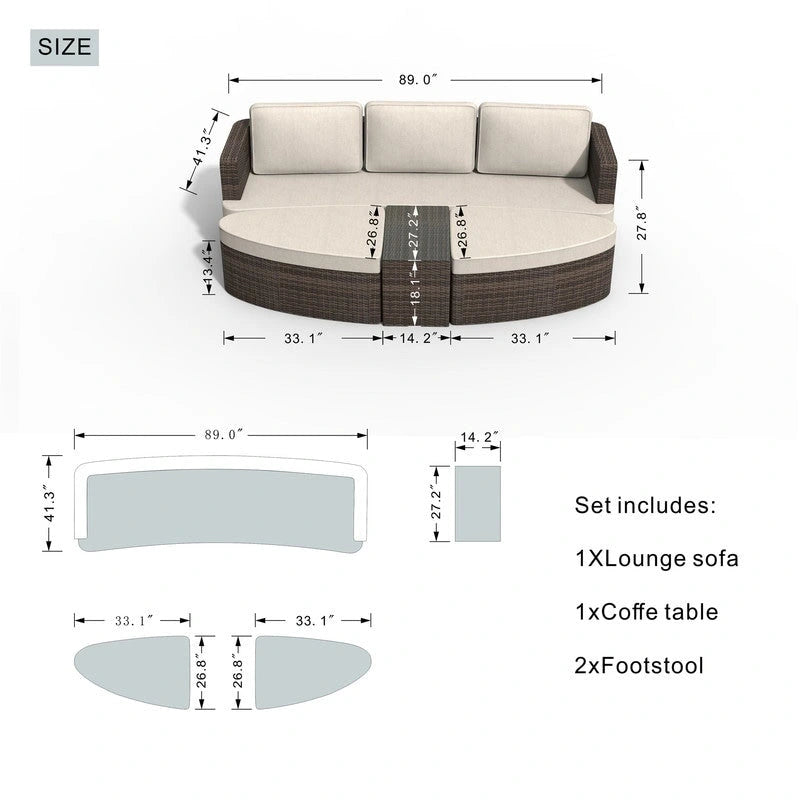 Ensemble de 9 pièces de lit de repos en osier pour patio avec table brasero en béton