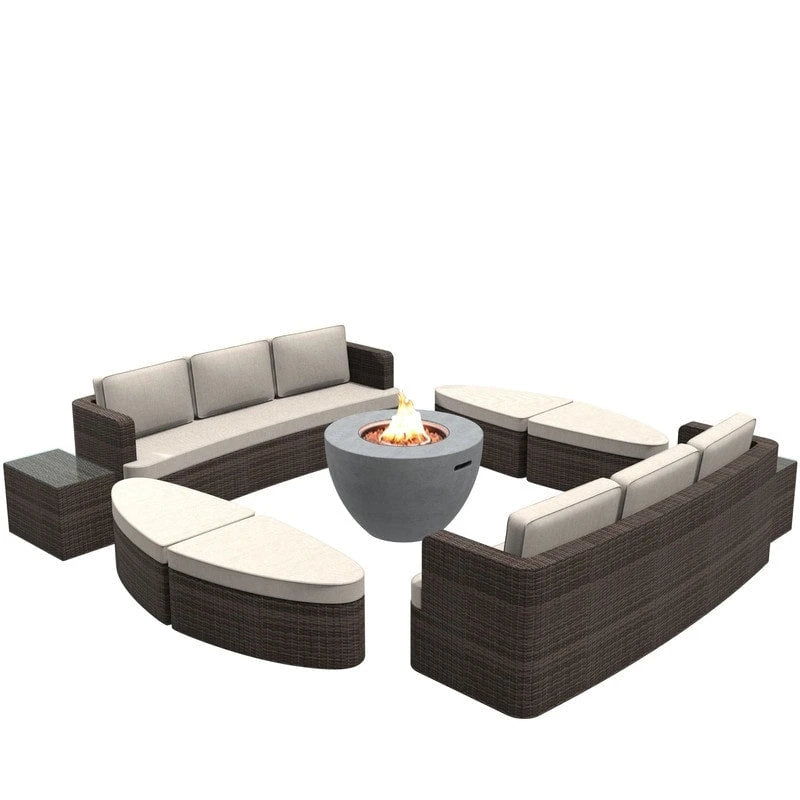 Ensemble de 9 pièces de lit de repos en osier pour patio avec table brasero en béton