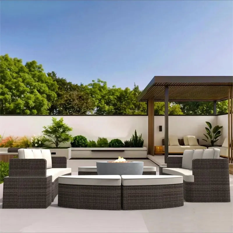 Ensemble de 9 pièces de lit de repos en osier pour patio avec table brasero en béton