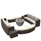 Ensemble de 9 pièces de lit de repos en osier pour patio avec table brasero en béton