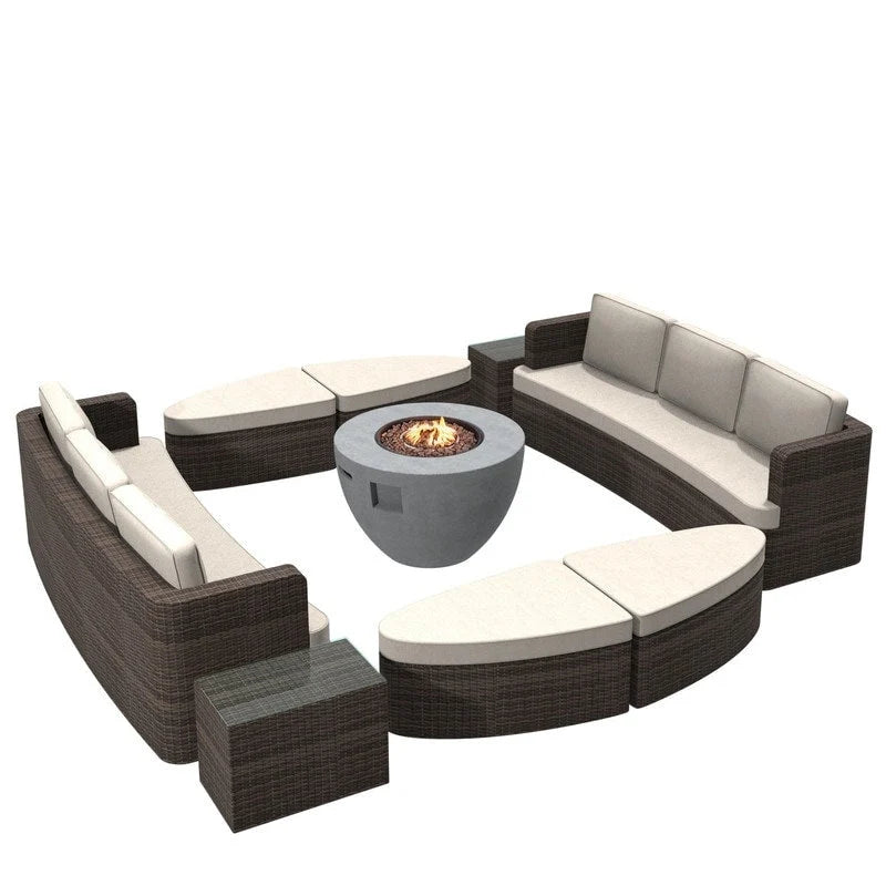 Ensemble de 9 pièces de lit de repos en osier pour patio avec table brasero en béton