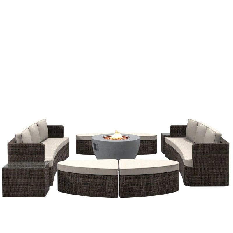 Ensemble de 9 pièces de lit de repos en osier pour patio avec table brasero en béton