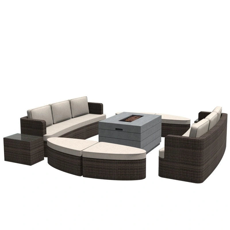 Ensemble de 9 pièces de lit de repos en osier pour patio avec table brasero en béton