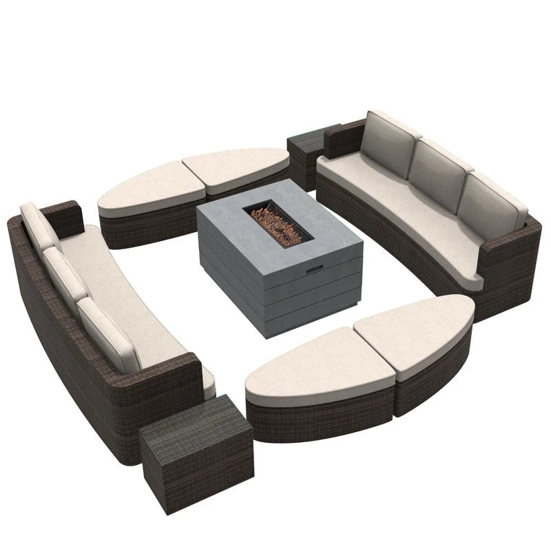 Ensemble de 9 pièces de lit de repos en osier pour patio avec table brasero en béton