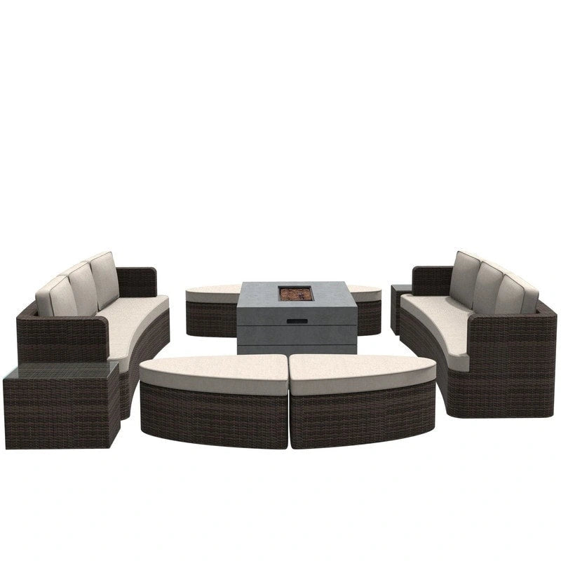 Ensemble de 9 pièces de lit de repos en osier pour patio avec table brasero en béton