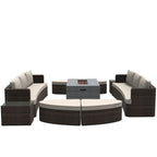 Ensemble de 9 pièces de lit de repos en osier pour patio avec table brasero en béton
