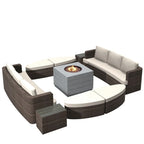 Ensemble de 9 pièces de lit de repos en osier pour patio avec table brasero en béton