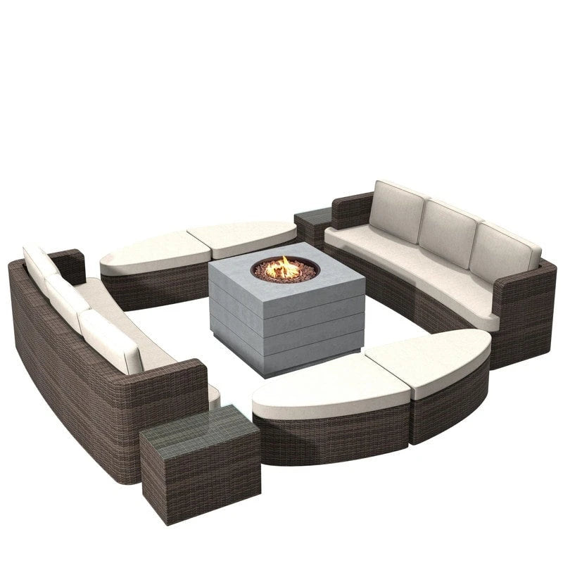 Ensemble de 9 pièces de lit de repos en osier pour patio avec table brasero en béton
