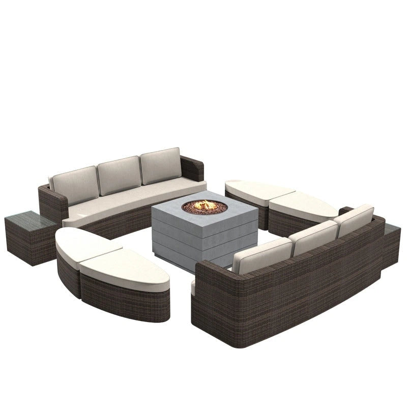 Ensemble de 9 pièces de lit de repos en osier pour patio avec table brasero en béton