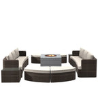 Ensemble de 9 pièces de lit de repos en osier pour patio avec table brasero en béton