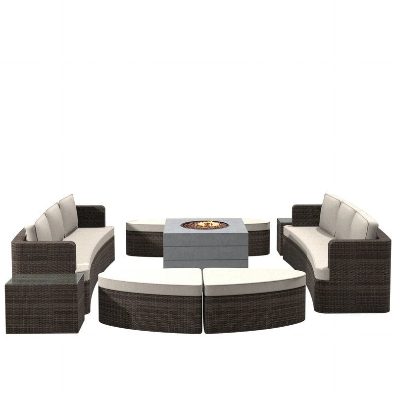 Ensemble de 9 pièces de lit de repos en osier pour patio avec table brasero en béton