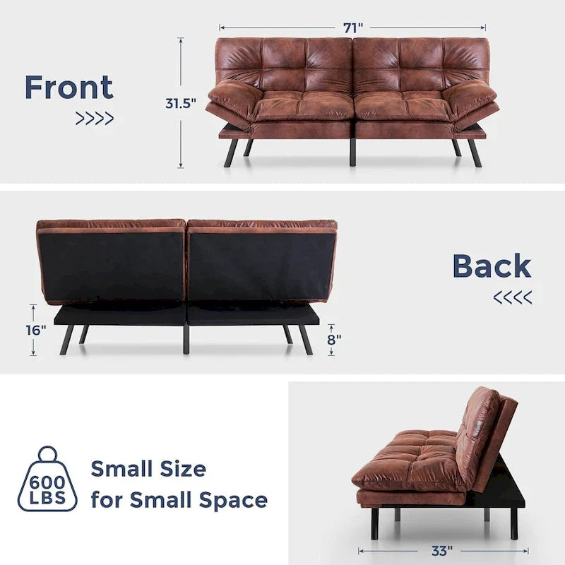 Canapé-lit futon, canapé convertible pliable en mousse à mémoire de forme avec accoudoirs réglables pour petits espaces