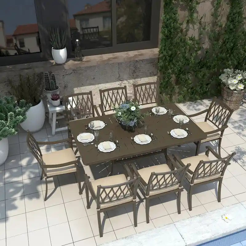 Ensemble de salle à manger de patio en fonte d'aluminium 9 pièces avec coussins