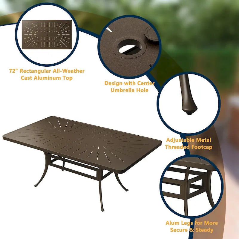 Ensemble de salle à manger de patio en fonte d'aluminium 9 pièces avec coussins