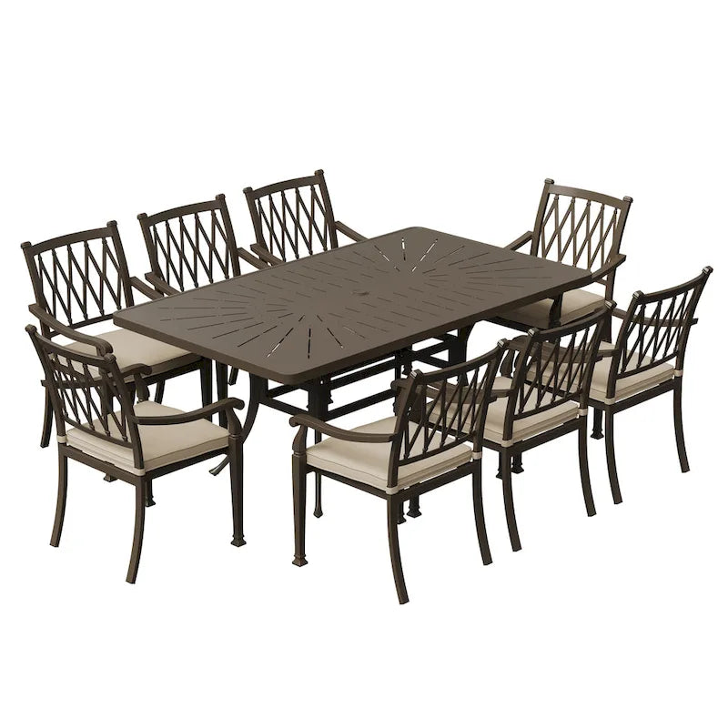 Ensemble de salle à manger de patio en fonte d'aluminium 9 pièces avec coussins
