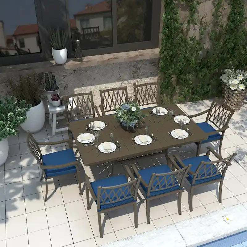 Ensemble de salle à manger de patio en fonte d'aluminium 9 pièces avec coussins