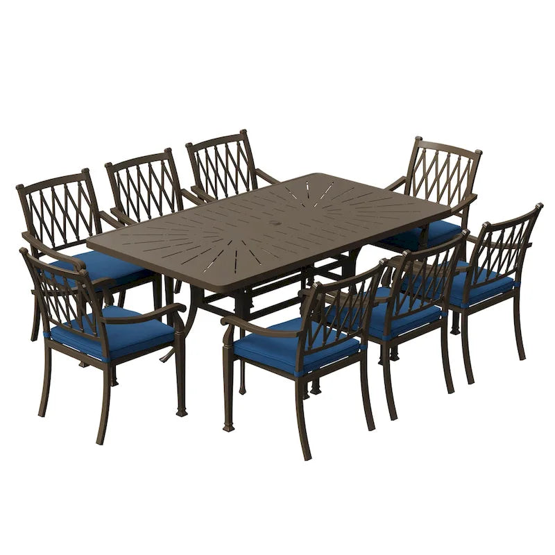 Ensemble de salle à manger de patio en fonte d'aluminium 9 pièces avec coussins