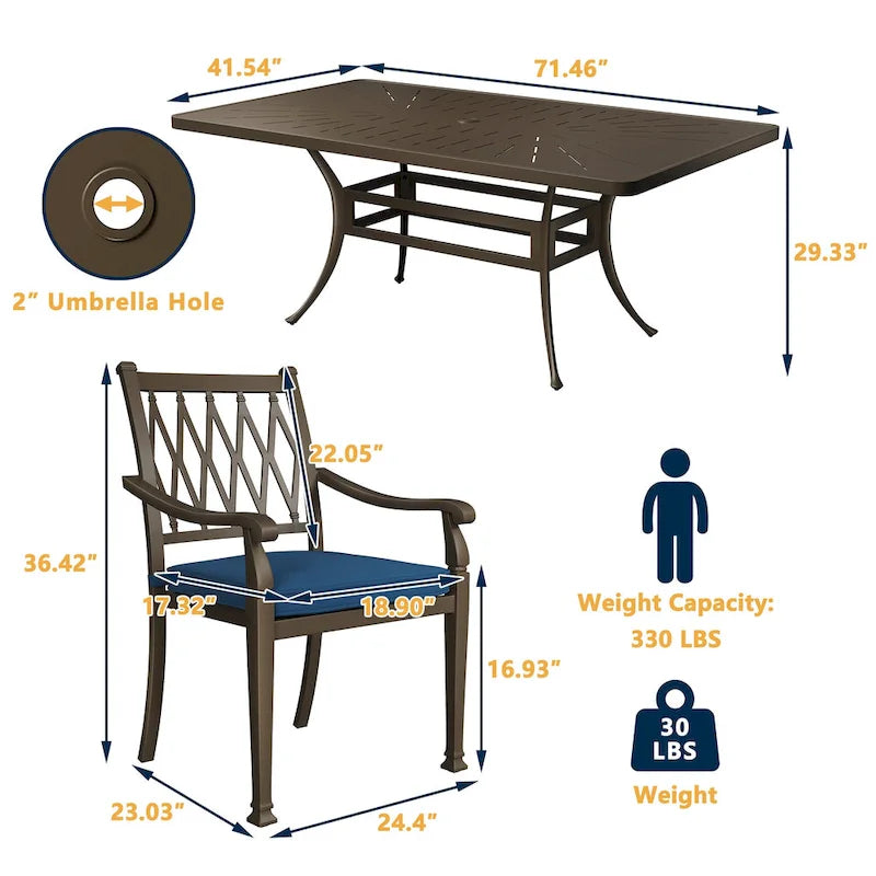Ensemble de salle à manger de patio en fonte d'aluminium 9 pièces avec coussins