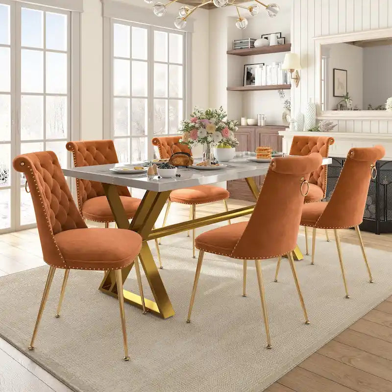 Table à manger en marbre Clihome 7 pièces avec chaises de salle à manger en velours