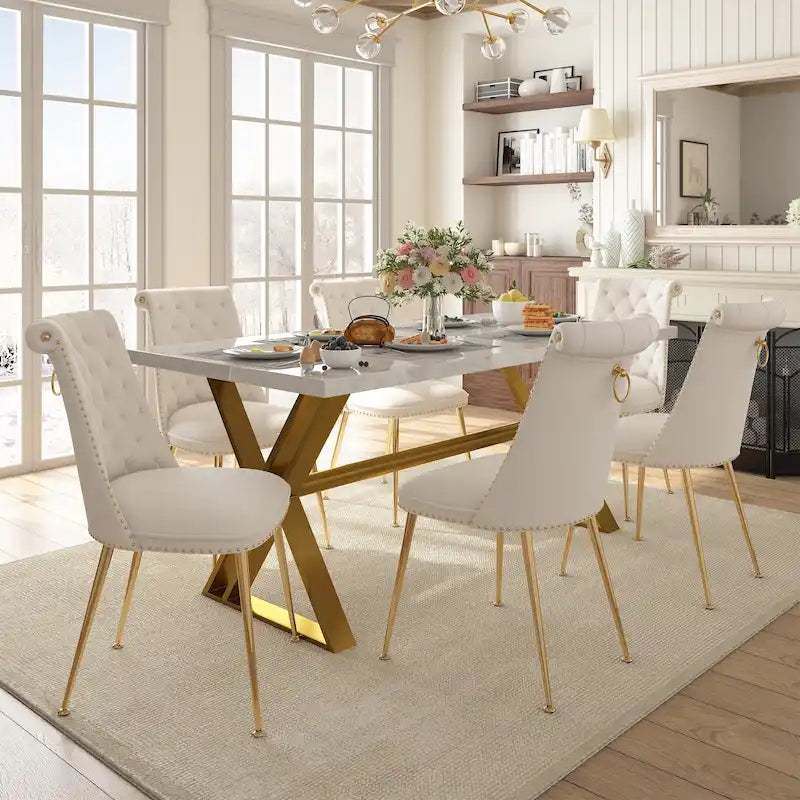 Table à manger en marbre Clihome 7 pièces avec chaises de salle à manger en velours