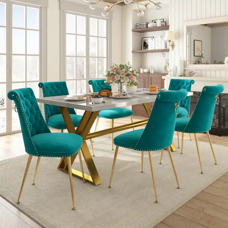 Table à manger en marbre Clihome 7 pièces avec chaises de salle à manger en velours