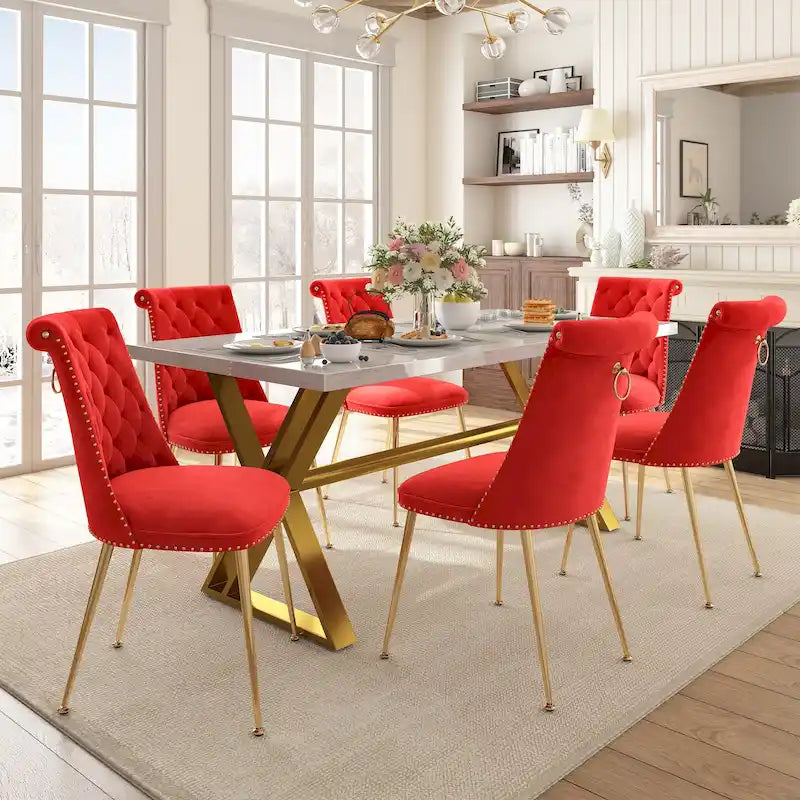 Table à manger en marbre Clihome 7 pièces avec chaises de salle à manger en velours