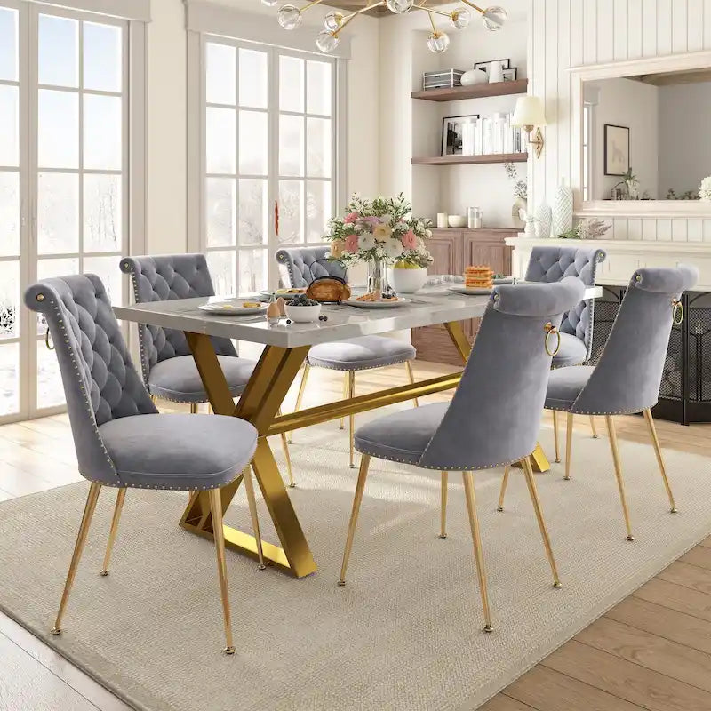 Table à manger en marbre Clihome 7 pièces avec chaises de salle à manger en velours