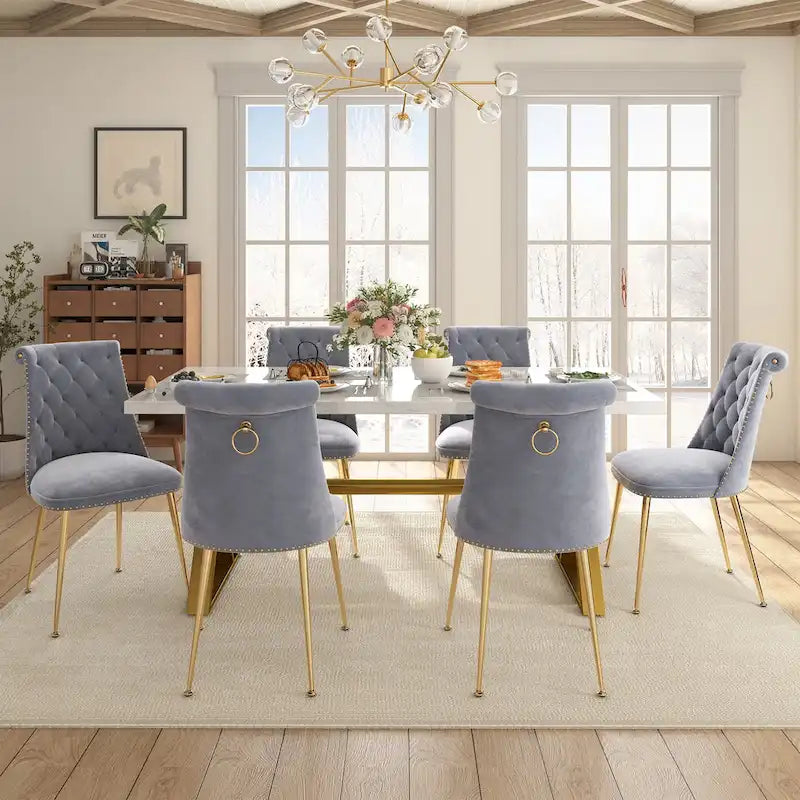 Table à manger en marbre Clihome 7 pièces avec chaises de salle à manger en velours