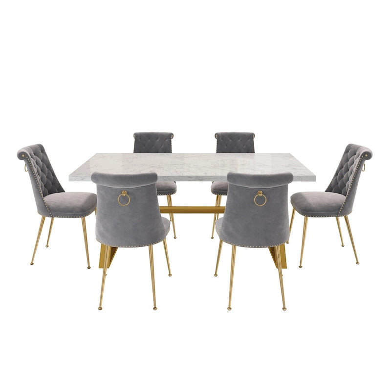 Table à manger en marbre Clihome 7 pièces avec chaises de salle à manger en velours