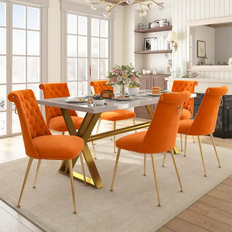 Table à manger en marbre Clihome 7 pièces avec chaises de salle à manger en velours