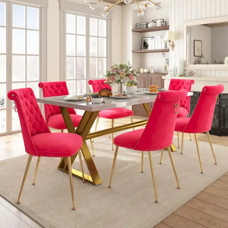 Table à manger en marbre Clihome 7 pièces avec chaises de salle à manger en velours