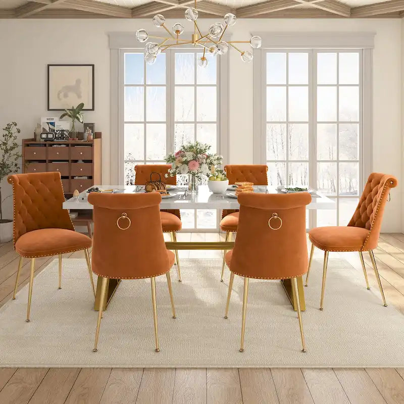 Table à manger en marbre Clihome 7 pièces avec chaises de salle à manger en velours