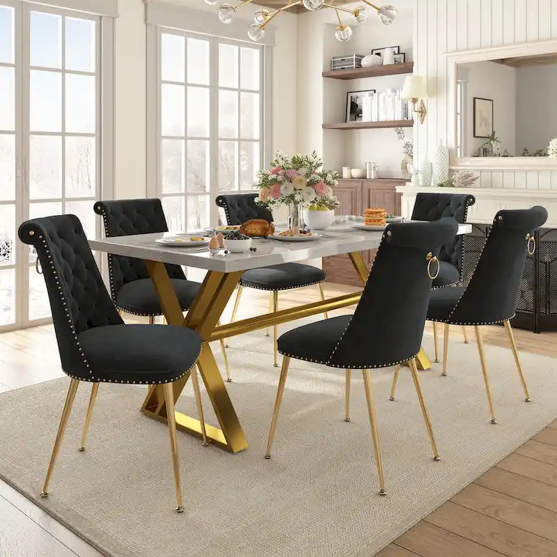 Table à manger en marbre Clihome 7 pièces avec chaises de salle à manger en velours