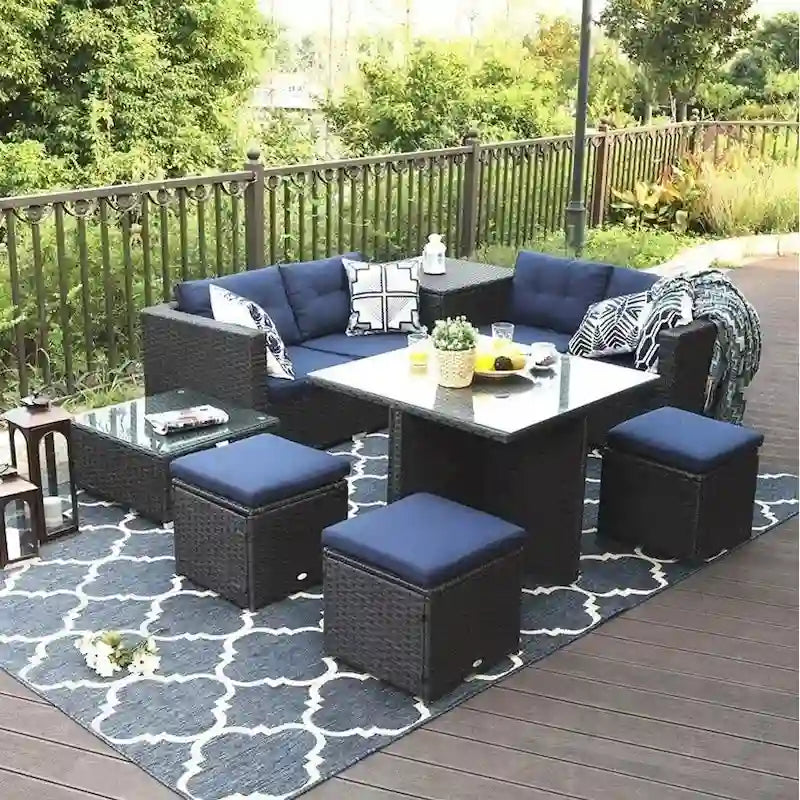 Ensemble de canapés modulaires de conversation de patio extérieur 10 pièces avec table, tabourets et pouf