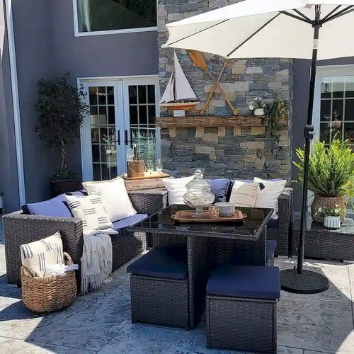 Ensemble de canapés modulaires de conversation de patio extérieur 10 pièces avec table, tabourets et pouf