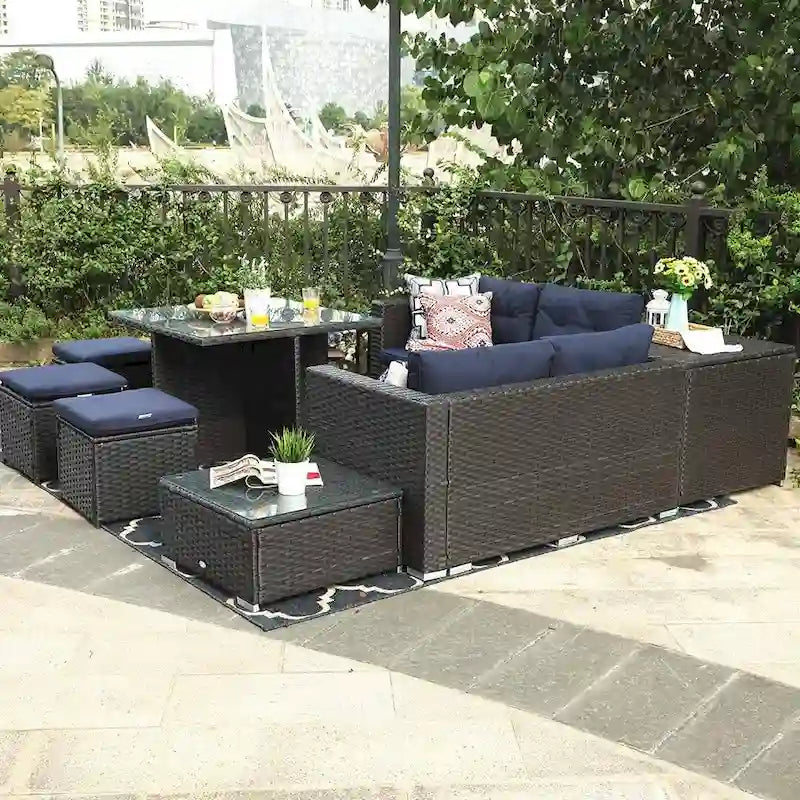 Ensemble de canapés modulaires de conversation de patio extérieur 10 pièces avec table, tabourets et pouf