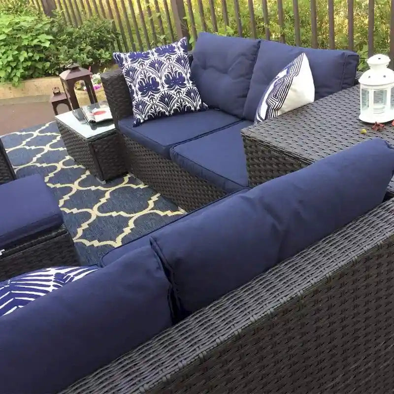 Ensemble de canapés modulaires de conversation de patio extérieur 10 pièces avec table, tabourets et pouf