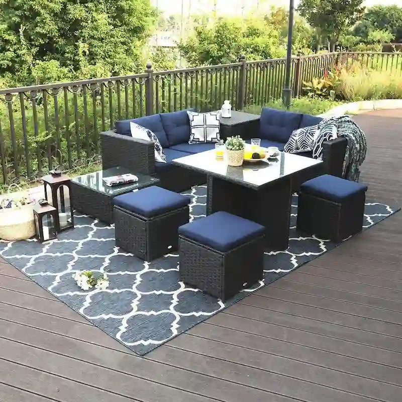 Ensemble de canapés modulaires de conversation de patio extérieur 10 pièces avec table, tabourets et pouf