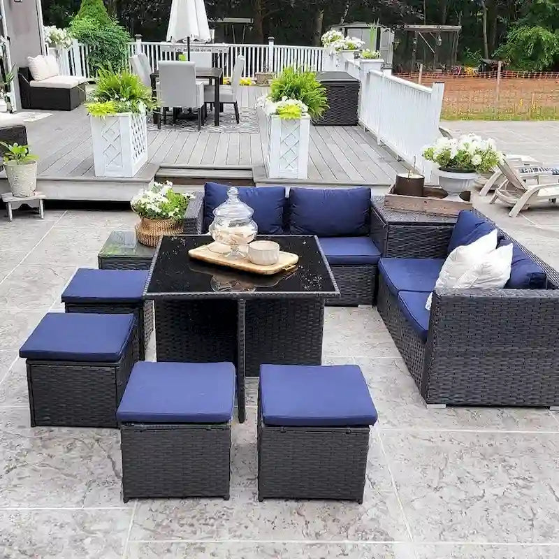 Ensemble de canapés modulaires de conversation de patio extérieur 10 pièces avec table, tabourets et pouf