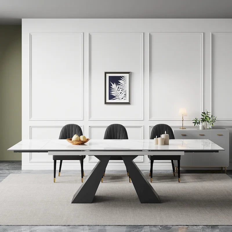 Ensemble de salle à manger 9 pièces avec table extensible en pierre frittée de 110,24 pouces et 8 chaises en cuir