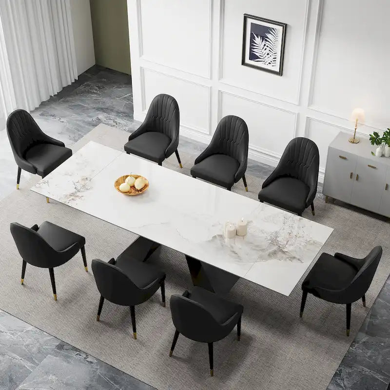 Ensemble de salle à manger 9 pièces avec table extensible en pierre frittée de 110,24 pouces et 8 chaises en cuir