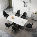 Ensemble de salle à manger 9 pièces avec table extensible en pierre frittée de 110,24 pouces et 8 chaises en cuir