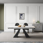 Ensemble de salle à manger 9 pièces avec table extensible en pierre frittée de 110,24 pouces et 8 chaises en cuir