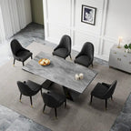 Ensemble de salle à manger 9 pièces avec table extensible en pierre frittée de 110,24 pouces et 8 chaises en cuir