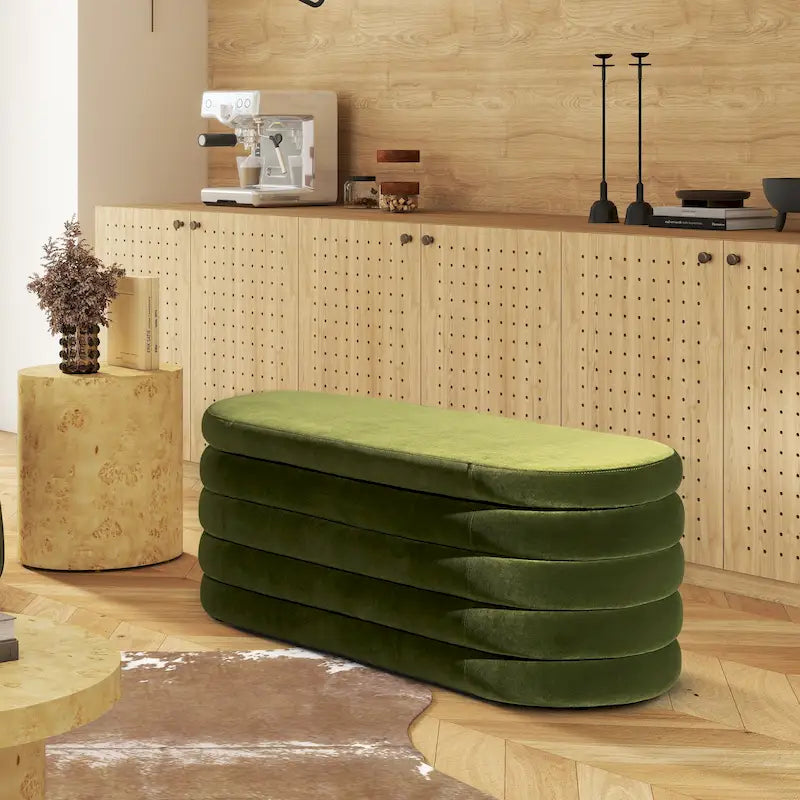 Banc de rangement ovale rembourré en fausse fourrure Sherpa avec capitonnage, 49 boucles