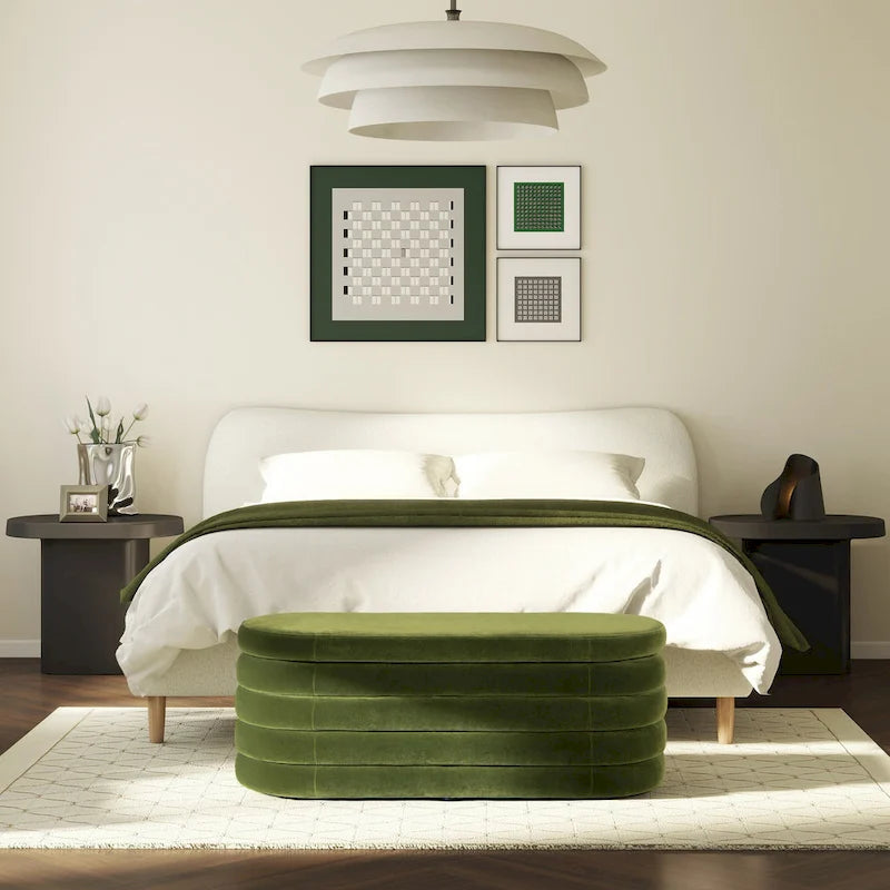 Banc de rangement ovale rembourré en fausse fourrure Sherpa avec capitonnage, 49 boucles