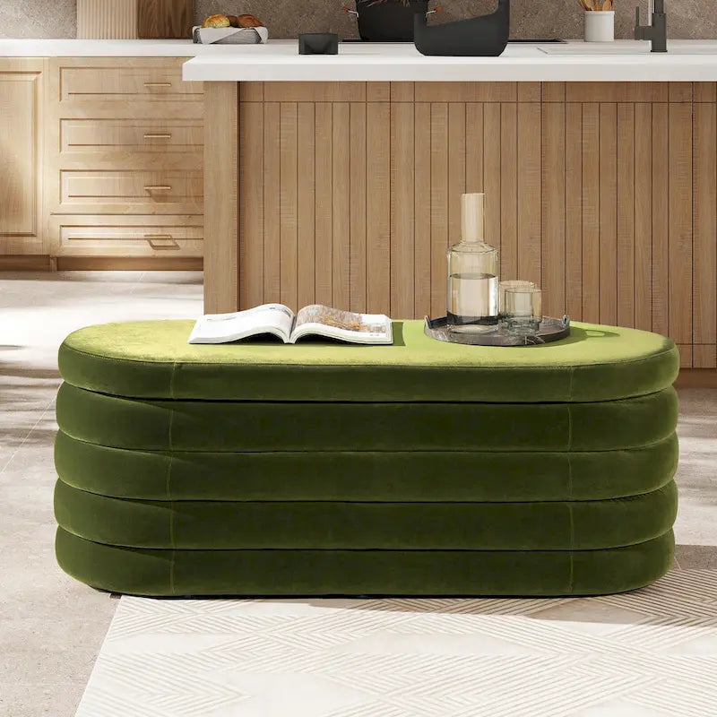 Banc de rangement ovale rembourré en fausse fourrure Sherpa avec capitonnage, 49 boucles