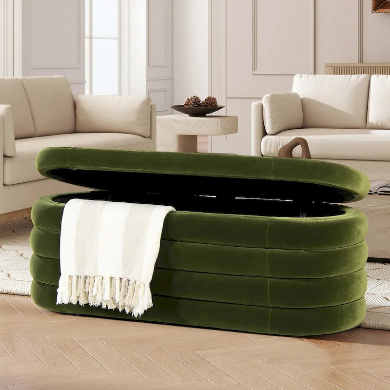 Banc de rangement ovale rembourré en fausse fourrure Sherpa avec capitonnage, 49 boucles