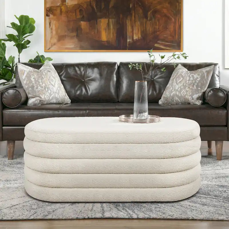 Banc de rangement ovale rembourré en fausse fourrure Sherpa avec capitonnage, 49 boucles